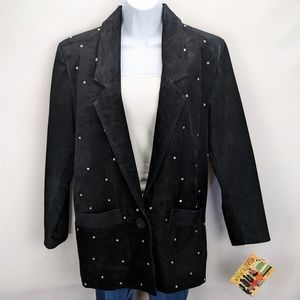 VTG NWT Size S Atlantic Beach Leather Coat Works Black Suede Rhinestone Blazer